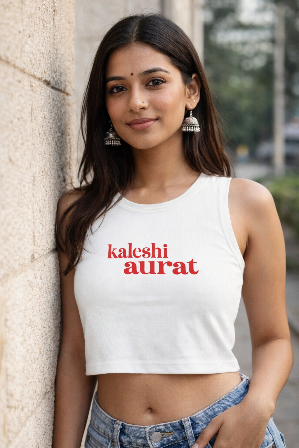 a model wearing Kaleshi aurat crop tank top white colour