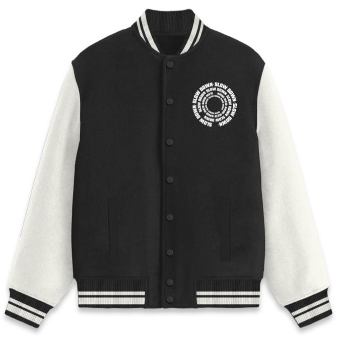 Slow Down Varsity Jacket-Black-Snapper Choice