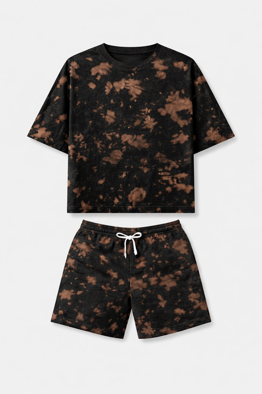 Brown Black Unisex Tie-Dye Oversized T-Shirt & Shorts Set-S-Snapper Choice