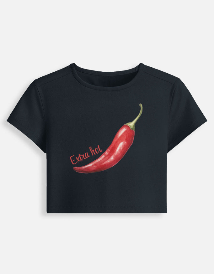 Chilli Extra Hot Women Crop Baby tee-Navy Blue-Snapper Choice