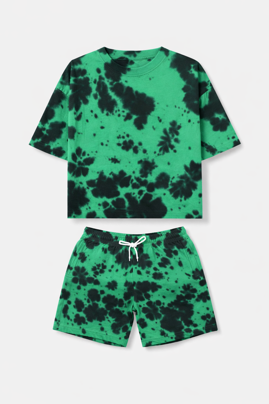 Green Black Unisex Tie-Dye Oversized T-Shirt & Shorts Set-S-Snapper Choice