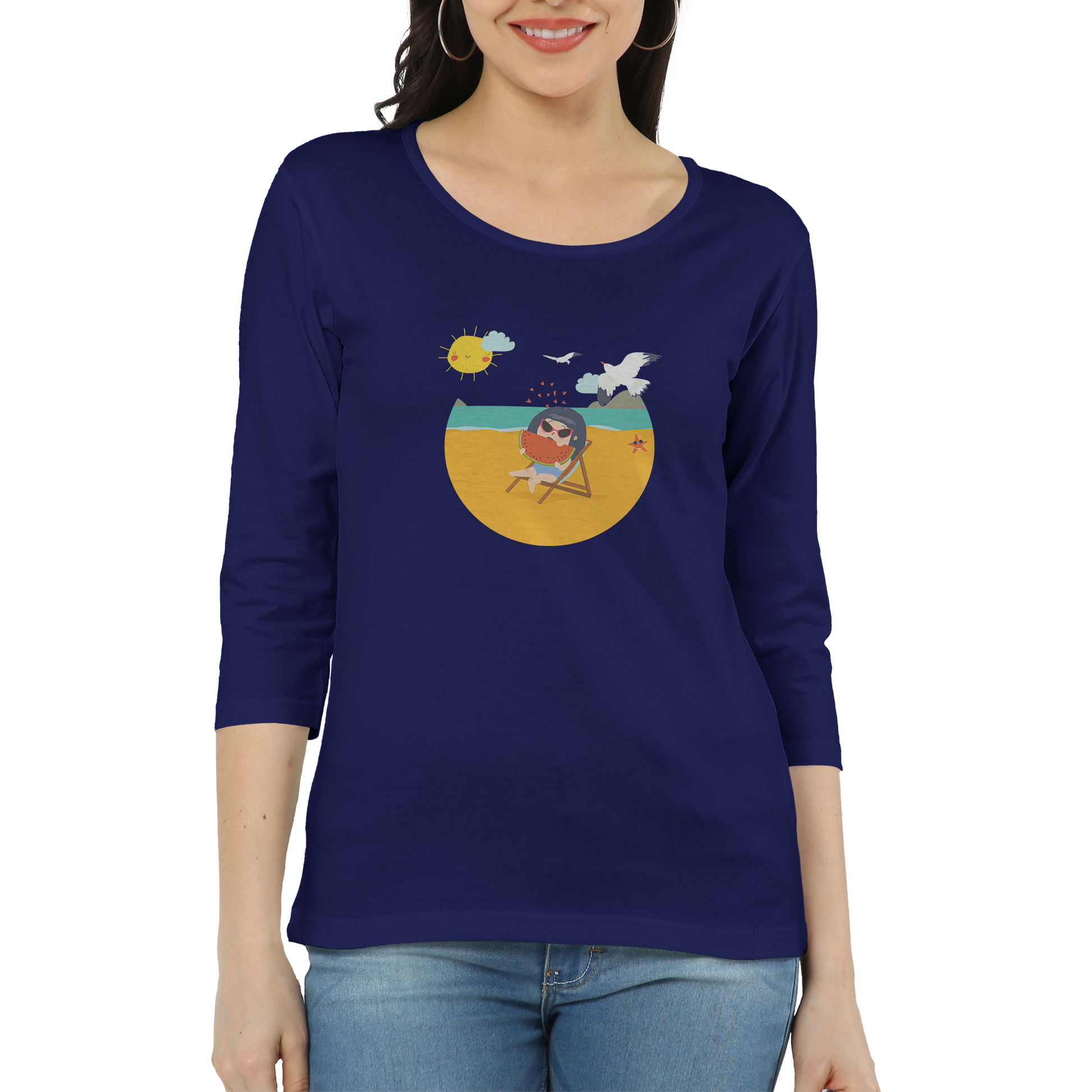 Holiday mode full sleeve t-shirt-Navy Blue-Snapper Choice