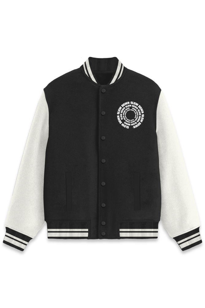 Slow Down Varsity Jacket-Black-Snapper Choice