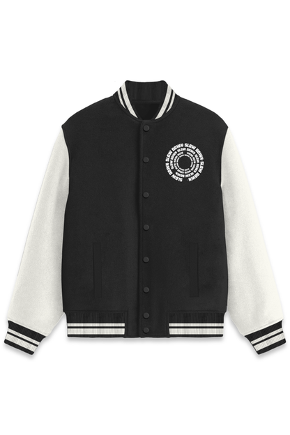 Slow Down Varsity Jacket-Black-Snapper Choice