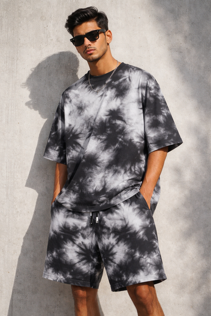 White Black Tie-Dye Oversized T-Shirt & Shorts Set-Snapper Choice