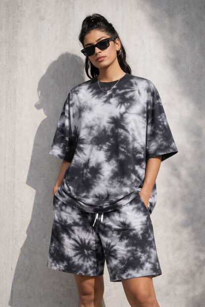 White Black Tie-Dye Oversized T-Shirt & Shorts Set-Snapper Choice