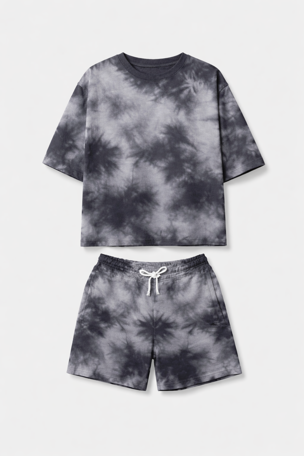 White Black Tie-Dye Oversized T-Shirt & Shorts Set-S-Snapper Choice