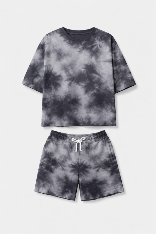 White Black Tie-Dye Oversized T-Shirt & Shorts Set-S-Snapper Choice